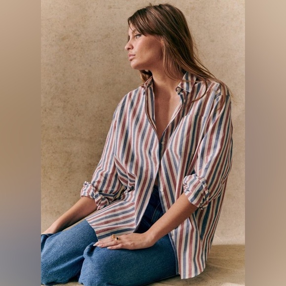 Sézane Max Shirt in Blue Ecru Burgundy Stripes FR 42 / US 10 - Picture 15 of 16